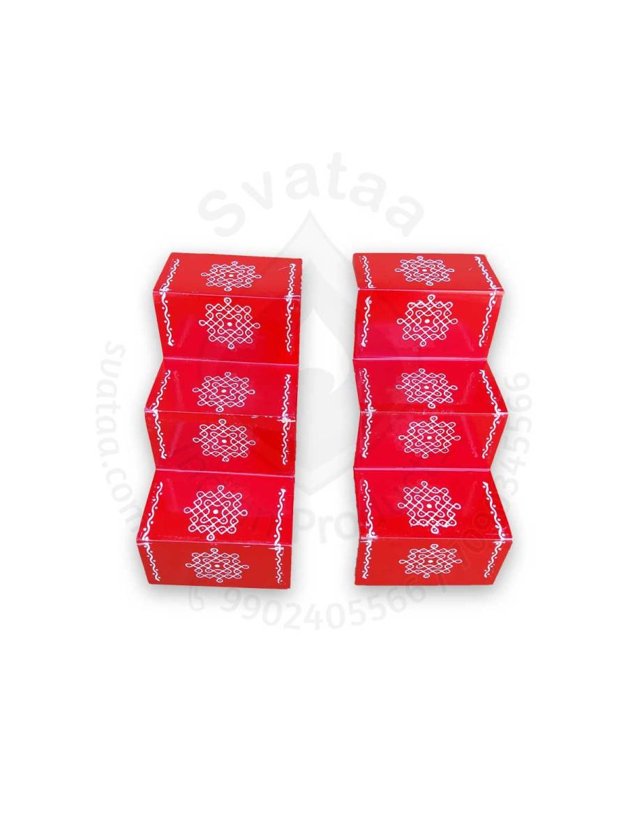 Festive - Pooja Diya Stand - 3 Steps - Red Color - Traditional Rangoli - Box Type - Pair