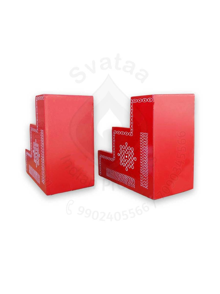 Festive - Pooja Diya Stand - 3 Steps - Red Color - Traditional Rangoli - Box Type - Pair