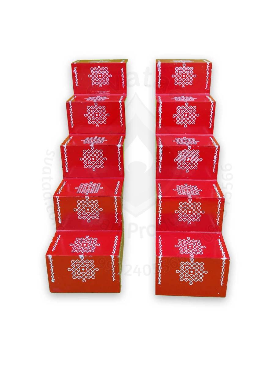 Festive - Pooja Diya Stand - 5 Steps - Red Color - Traditional Rangoli - Box Type  - Pair