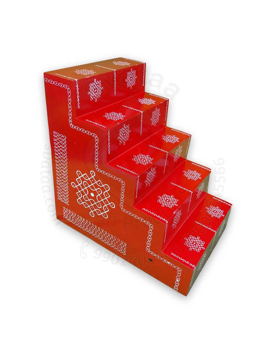 Festive - Pooja Stand - 5 Steps - Red Color - Traditional Rangoli - Box Type