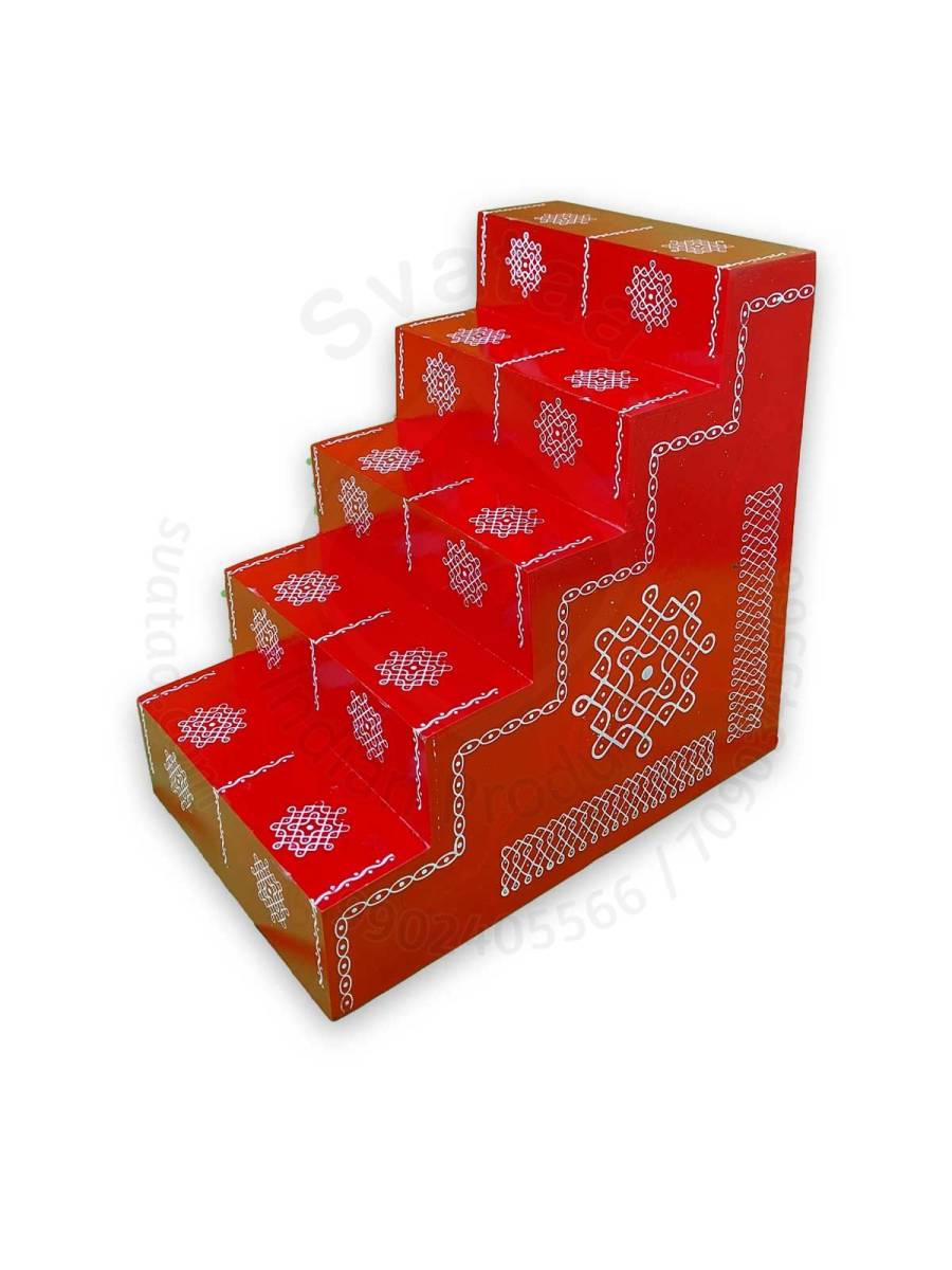 Festive - Pooja Stand - 5 Steps - Red Color - Traditional Rangoli - Box Type