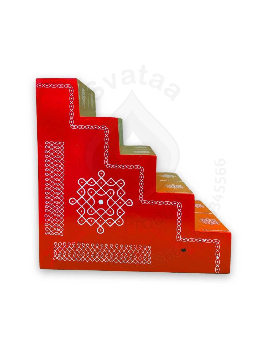 Festive - Pooja Stand - 5 Steps - Red Color - Traditional Rangoli - Box Type