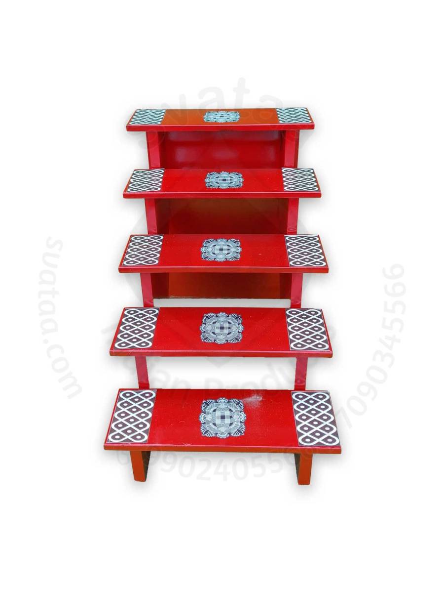 Festive - Pooja Stand - 5 Steps - Heavy Type - Dark Orange Color - Traditional Rangoli