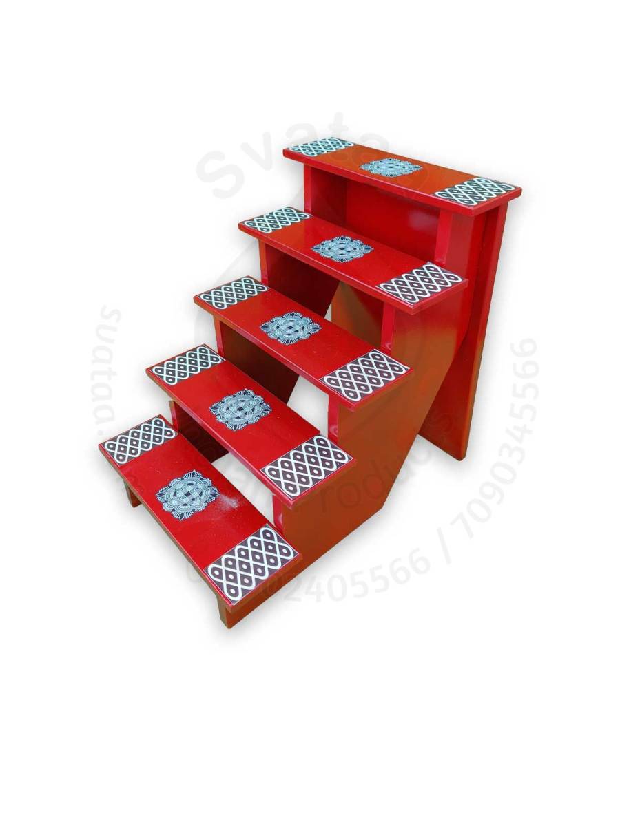 Festive - Pooja Stand - 5 Steps - Heavy Type - Dark Orange Color - Traditional Rangoli