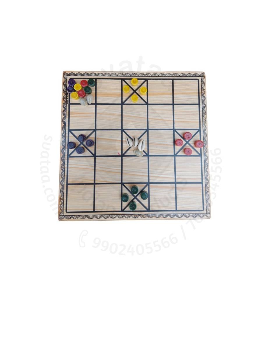 Game - Wooden Chowka Bara & Small Pawns - 11 inch