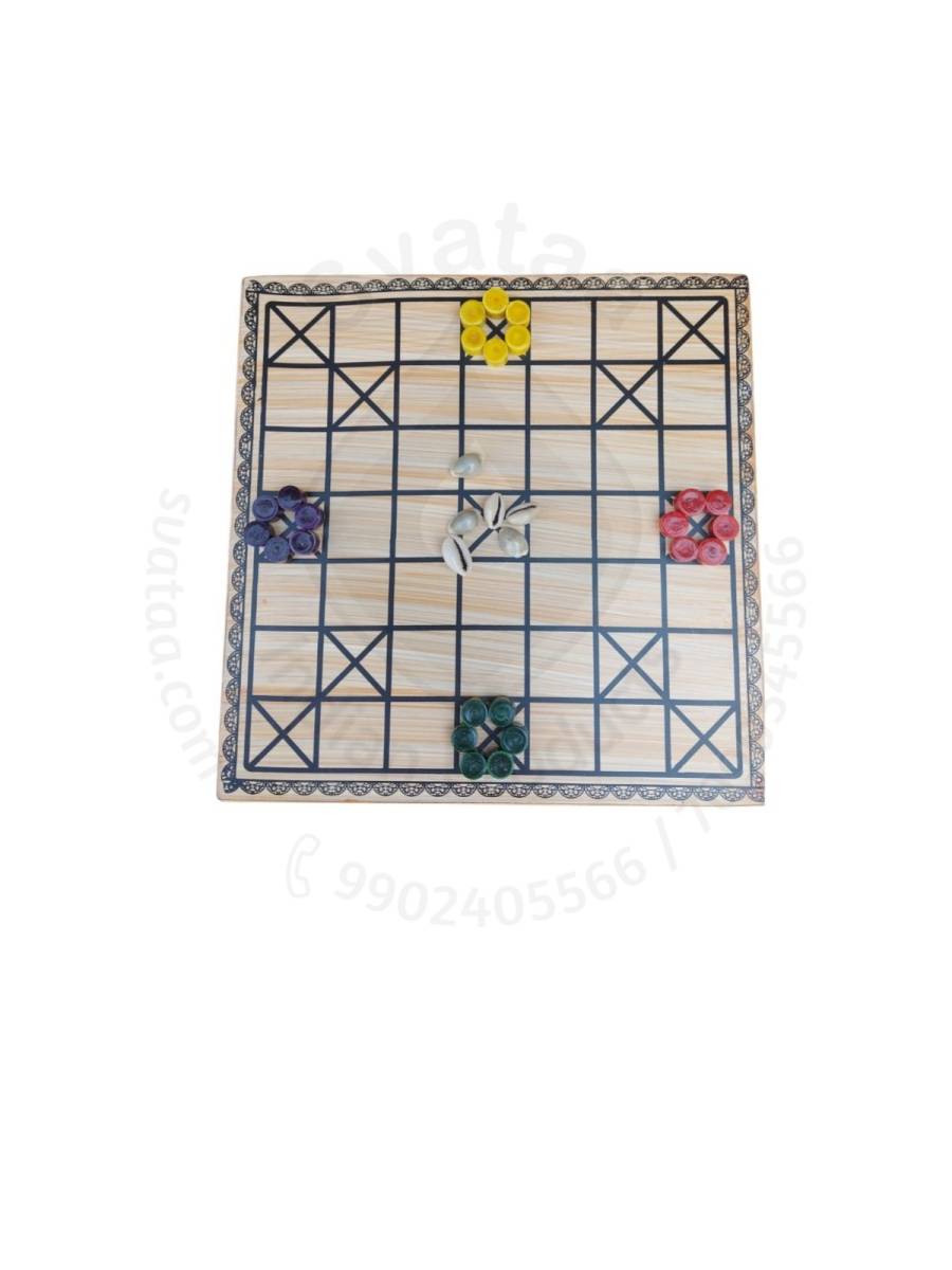 Game - Wooden Chowka Bara & Small Pawns - 11 inch