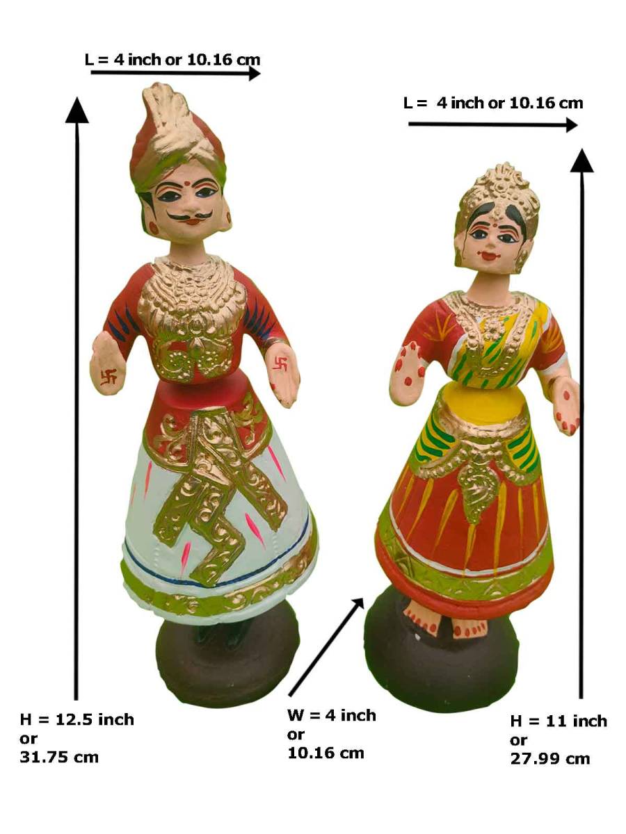 Tanjavur Dancing Couple Doll : 11 Inch, White-Red-Green - Geographical Indexed