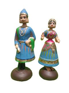 Tanjavur Dancing Couple Doll  : 11 Inch, Light Blue-Pink-Light Blue - Geographical Indexed