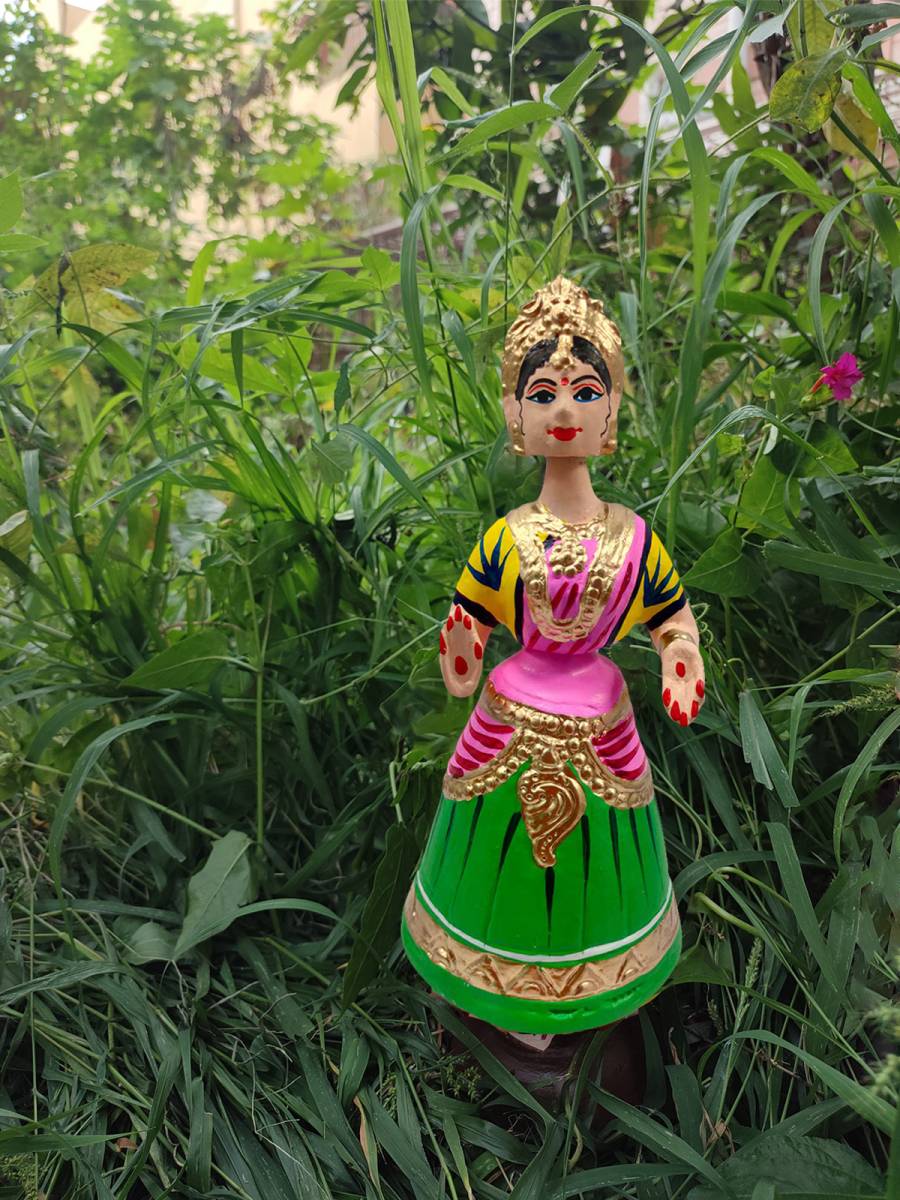 Tanjavur Dancing Doll : 11 Inch, Light Green-Pink-Yellow - Geographical Indexed